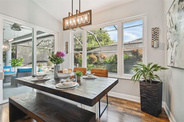 dining room featuring plenty of natural light, hardwood / wood-style flooring, baseboards, and ceiling fan with notable chandelier