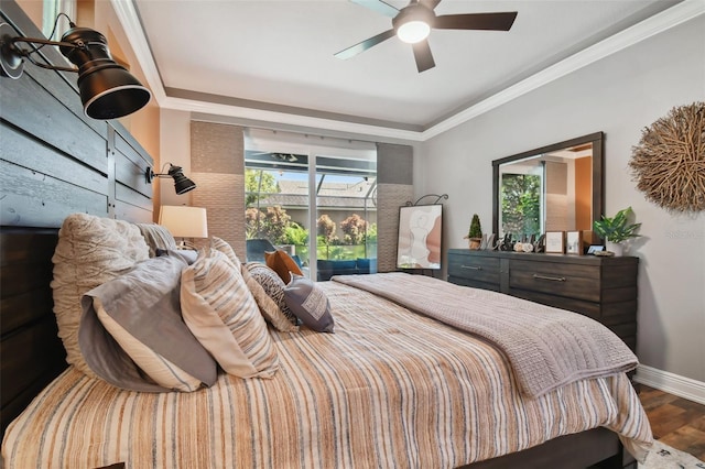 bedroom featuring baseboards, dark wood-style floors, multiple windows, and ornamental molding