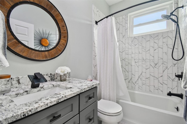 bathroom with toilet, shower / tub combo with curtain, and vanity