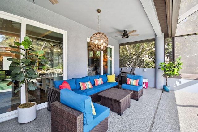 view of patio with a grill, ceiling fan, and outdoor lounge area