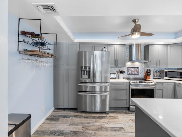 1430 Gulf Blvd Unit 102, Clearwater Beach, FL 33767 - kitchen featuring light wood-style flooring, wall chimney range hood, visible vents, stainless steel appliances, and gray cabinetry