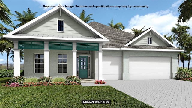 view of front of home featuring an attached garage, stucco siding, a front lawn, and decorative driveway