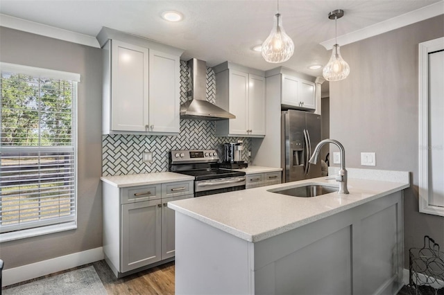 25601 Hutcheson Ln, Sorrento, FL 32776 - kitchen with tasteful backsplash, a sink, appliances with stainless steel finishes, baseboards, and wall chimney exhaust hood