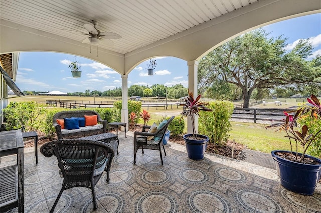 25601 Hutcheson Ln, Sorrento, FL 32776 - view of patio featuring an outdoor living space, fence, a ceiling fan, and a rural view