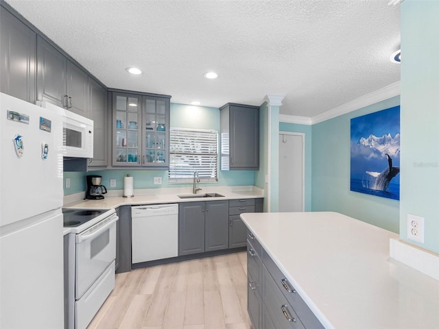 kitchen with light wood-type flooring, gray cabinets, white appliances, a textured ceiling, and a sink