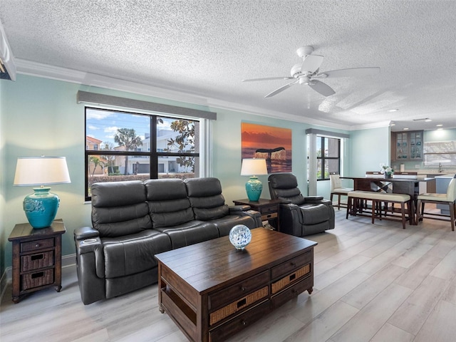living room with light wood finished floors, a textured ceiling, ceiling fan, and ornamental molding