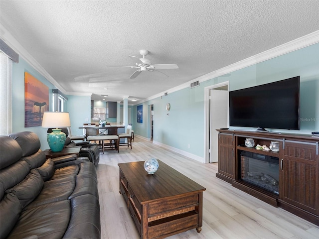 living room featuring ornamental molding, light wood-style flooring, a ceiling fan, and visible vents