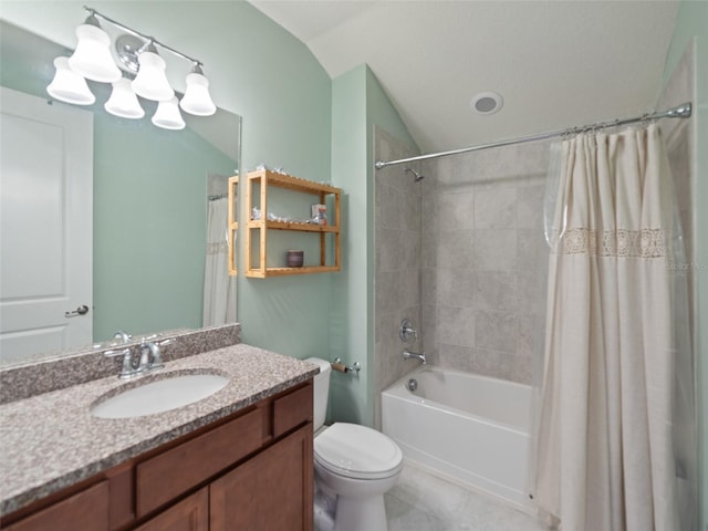 full bathroom with vanity, vaulted ceiling, shower / tub combo with curtain, tile patterned flooring, and toilet