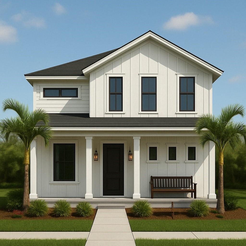 modern farmhouse style home featuring board and batten siding and covered porch