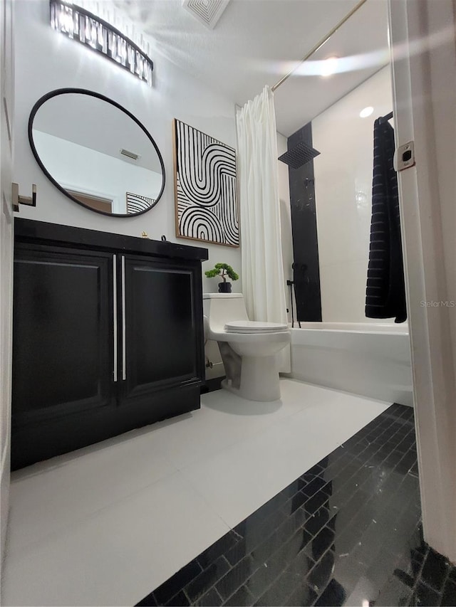824 Greenbelt Cir, Brandon, FL 33510 - bathroom with shower / tub combo with curtain, vanity, and tile patterned floors