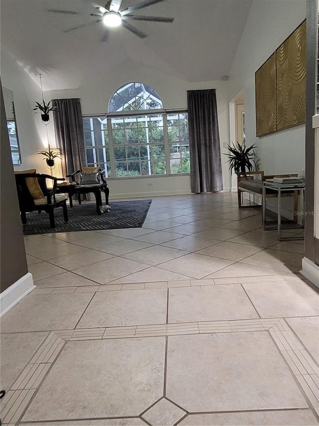 824 Greenbelt Cir, Brandon, FL 33510 - living area featuring lofted ceiling, a ceiling fan, and light tile patterned floors