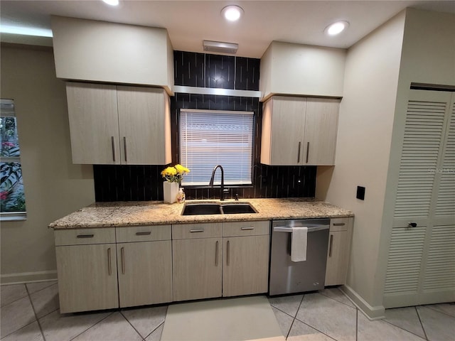 824 Greenbelt Cir, Brandon, FL 33510 - kitchen featuring dishwasher, decorative backsplash, light tile patterned floors, light stone counters, and recessed lighting