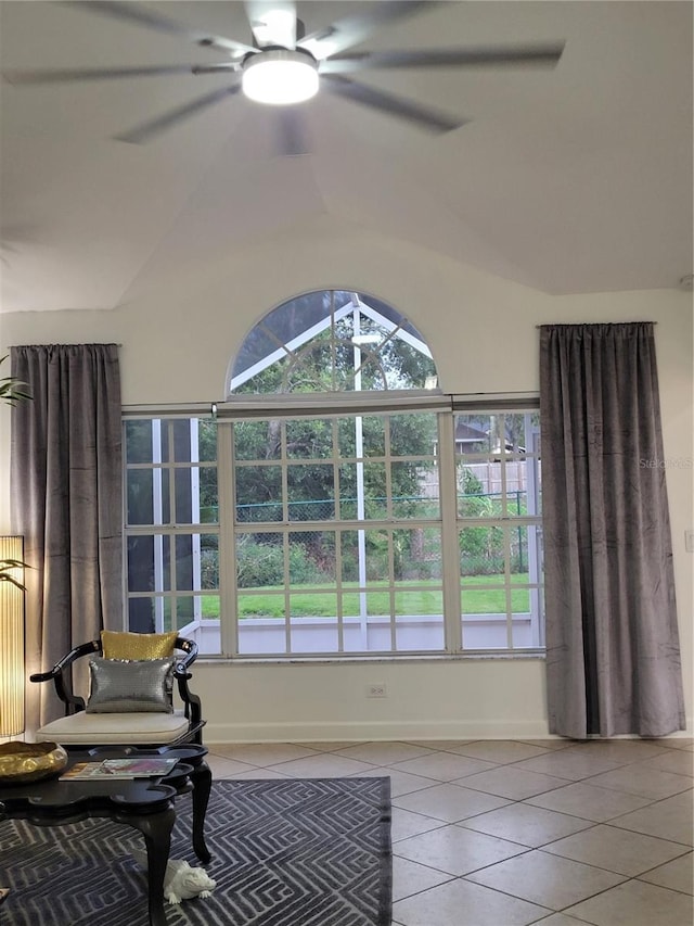 824 Greenbelt Cir, Brandon, FL 33510 - living area featuring tile patterned flooring, lofted ceiling, and ceiling fan