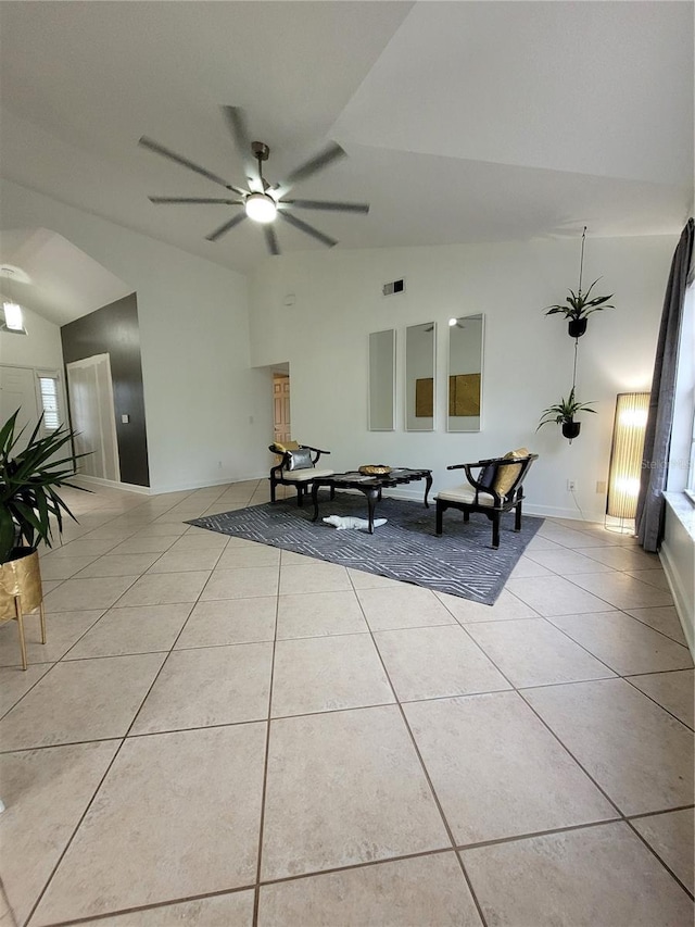 824 Greenbelt Cir, Brandon, FL 33510 - interior space with light tile patterned floors, a ceiling fan, and high vaulted ceiling