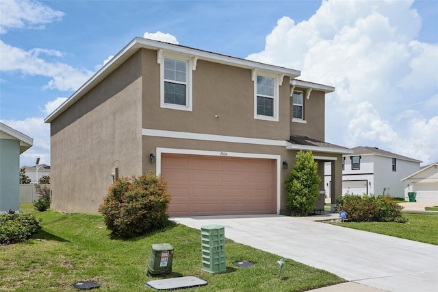 7530 Broad Pointe Dr, Zephyrhills, FL 33540 - traditional home with concrete driveway, stucco siding, a front lawn, and an attached garage