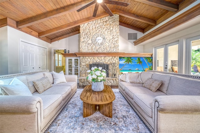 living area with visible vents, ceiling fan, wooden ceiling, french doors, and lofted ceiling with beams