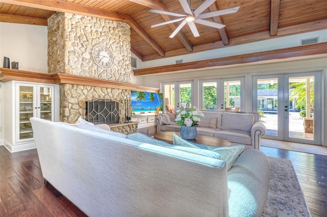 living room featuring wooden ceiling, a ceiling fan, french doors, and dark wood-style floors