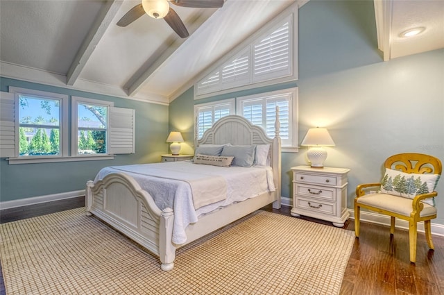 bedroom with vaulted ceiling with beams, baseboards, ceiling fan, and wood finished floors