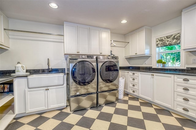 898 Cypress Lakeview Ct, Tarpon Springs, FL 34688 - washroom with light floors, cabinet space, washing machine and dryer, and recessed lighting