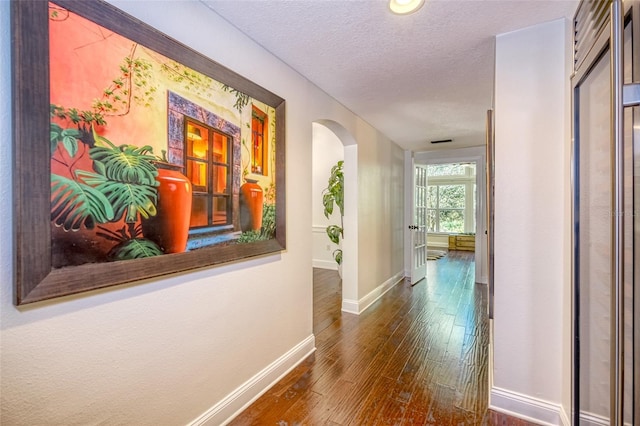 898 Cypress Lakeview Ct, Tarpon Springs, FL 34688 - hall with baseboards, dark wood-style flooring, a textured ceiling, and arched walkways