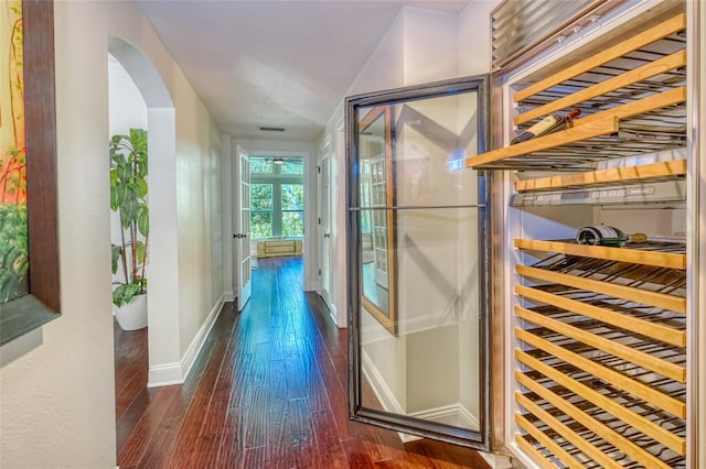 898 Cypress Lakeview Ct, Tarpon Springs, FL 34688 - wine cellar with hardwood / wood-style flooring, baseboards, and arched walkways