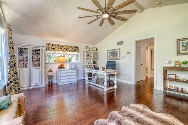 898 Cypress Lakeview Ct, Tarpon Springs, FL 34688 - office with a ceiling fan, beam ceiling, hardwood / wood-style flooring, baseboards, and high vaulted ceiling