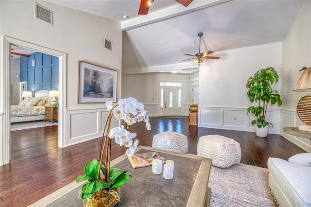898 Cypress Lakeview Ct, Tarpon Springs, FL 34688 - living area with ceiling fan, hardwood / wood-style flooring, a decorative wall, and a wainscoted wall