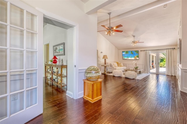 898 Cypress Lakeview Ct, Tarpon Springs, FL 34688 - living area featuring french doors, ceiling fan, dark wood-style flooring, beamed ceiling, and high vaulted ceiling