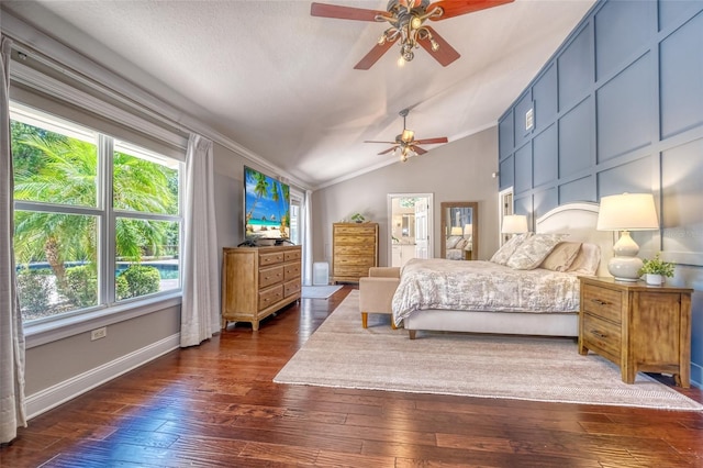 898 Cypress Lakeview Ct, Tarpon Springs, FL 34688 - bedroom with crown molding, multiple windows, lofted ceiling, dark wood-style flooring, and a ceiling fan
