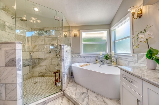 898 Cypress Lakeview Ct, Tarpon Springs, FL 34688 - full bath with a freestanding bath, marble finish floors, a stall shower, and vanity