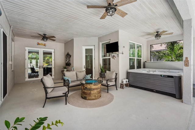 15930 Sorawater Dr, Lithia, FL 33547 - view of patio with ceiling fan, a hot tub, french doors, and an outdoor hangout area