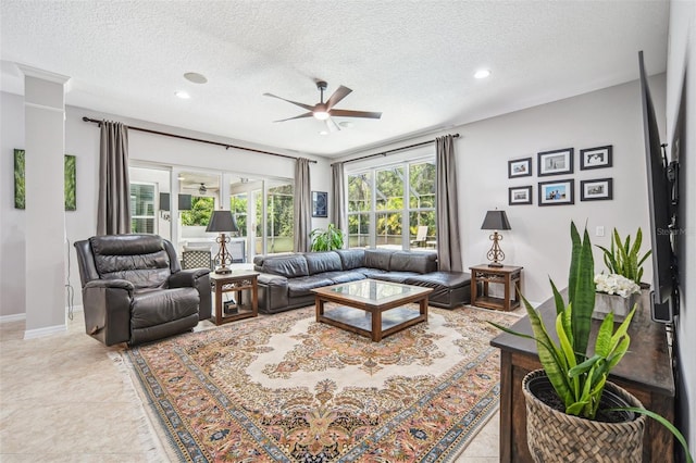15930 Sorawater Dr, Lithia, FL 33547 - living area with ceiling fan, a textured ceiling, and recessed lighting