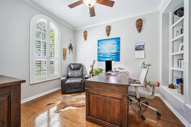 15930 Sorawater Dr, Lithia, FL 33547 - office area featuring light wood finished floors, ornamental molding, ceiling fan, and baseboards