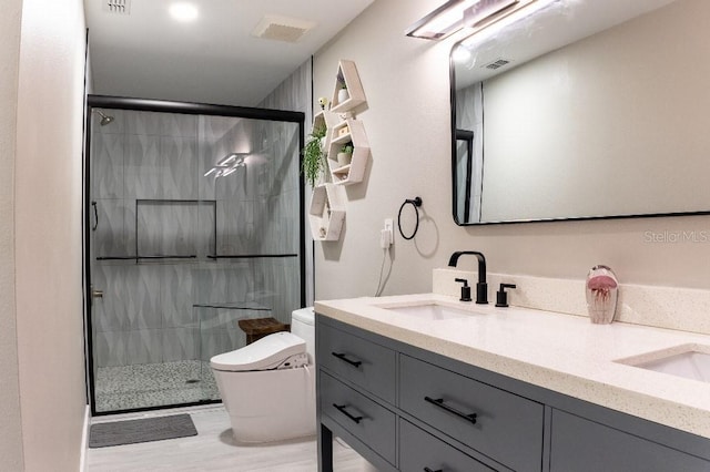 600 Eleuthera Dr, Punta Gorda, FL 33950 - bathroom featuring toilet, double vanity, a sink, and a shower stall