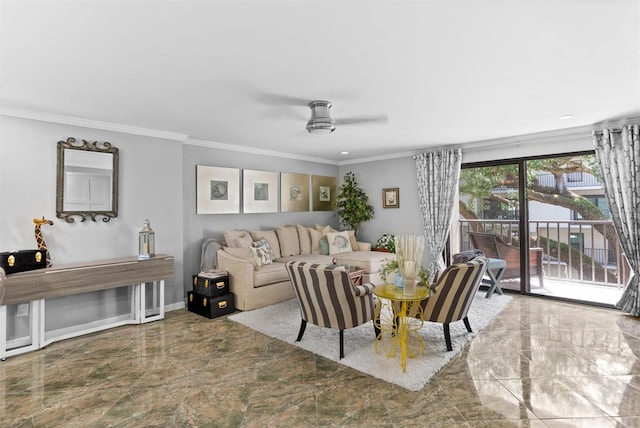 105 4th Ave NE Unit 219, Saint Petersburg, FL 33701 - living area with a ceiling fan, baseboards, ornamental molding, and marble finish floor