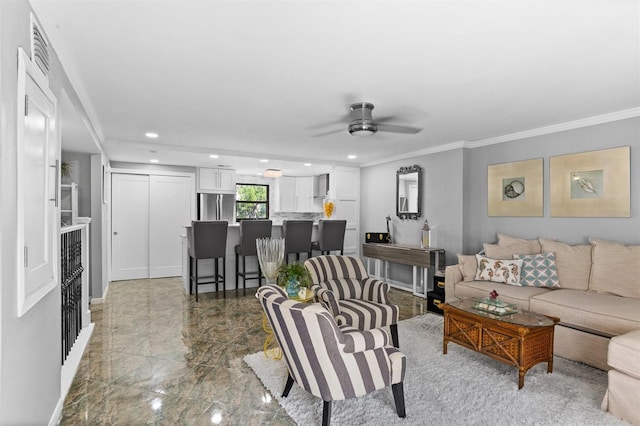 105 4th Ave NE Unit 219, Saint Petersburg, FL 33701 - living area featuring visible vents, ornamental molding, baseboards, recessed lighting, and a ceiling fan