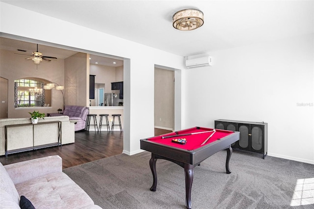 game room featuring a wall mounted air conditioner, carpet flooring, baseboards, and billiards
