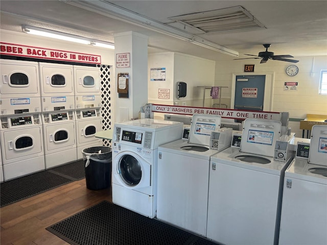 4237 Tamargo Dr Unit 4237, New Port Richey, FL 34652 - community laundry room featuring stacked washing maching and dryer, ceiling fan, independent washer and dryer, and wood finished floors