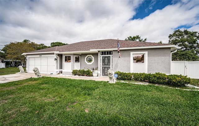 ranch-style house featuring a front yard, stucco siding, a garage, and concrete driveway