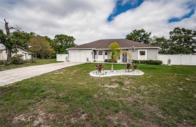 view of front of property featuring stucco siding, driveway, an attached garage, a front yard, and fence