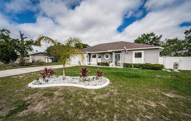 view of front facade with stucco siding, fence, a front lawn, a garage, and concrete driveway
