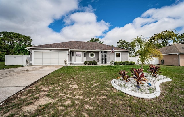 view of front of property with stucco siding, driveway, a front lawn, a garage, and fence