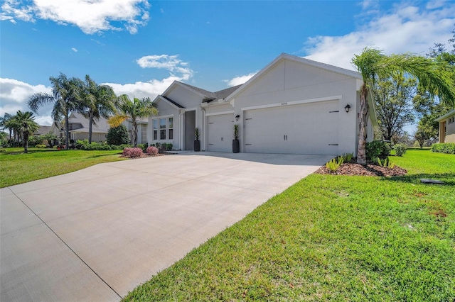 single story home with driveway, stucco siding, an attached garage, and a front lawn