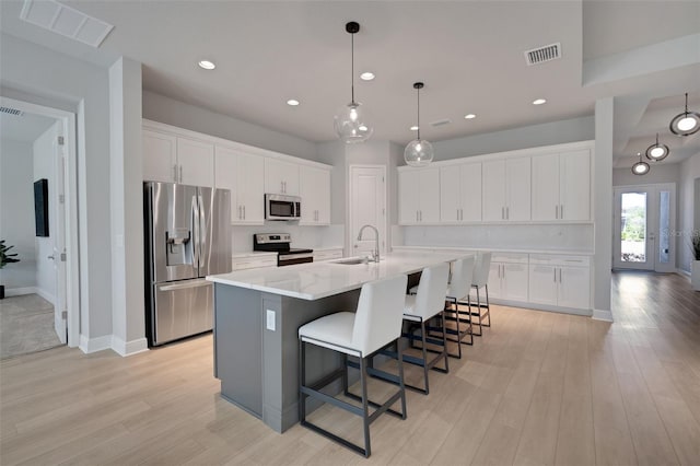 kitchen featuring light wood-type flooring, a sink, visible vents, and stainless steel appliances