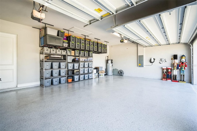 garage with water heater, a garage door opener, and electric panel