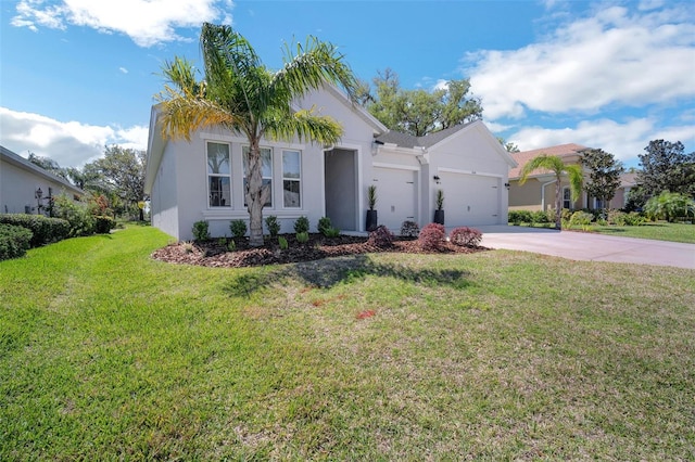 ranch-style home featuring concrete driveway, a front yard, stucco siding, and a garage