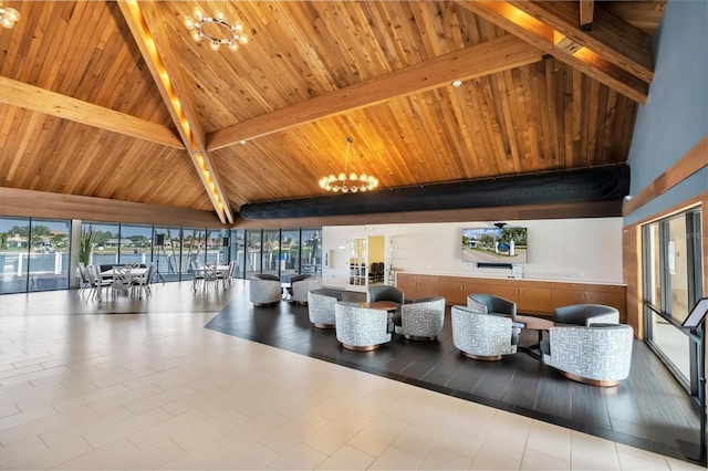 9495 Blind Pass Rd Unit 308, St Pete Beach, FL 33706 - building lobby with high vaulted ceiling, wood ceiling, and beamed ceiling