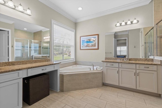 bathroom with a stall shower, a garden tub, ornamental molding, and a healthy amount of sunlight