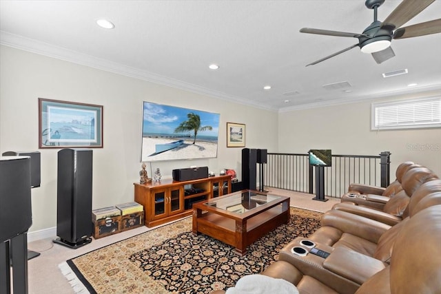 carpeted living room featuring a ceiling fan, ornamental molding, visible vents, and recessed lighting