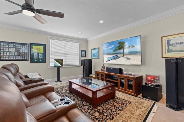living area with baseboards, ornamental molding, recessed lighting, a ceiling fan, and light colored carpet